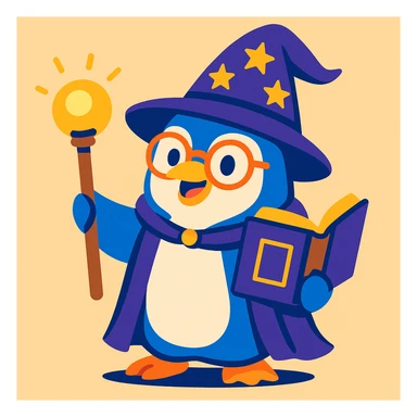 a stylized penguin wizard with glasses, a spellbook, and a glowing staff, in a playful illustration style sticker