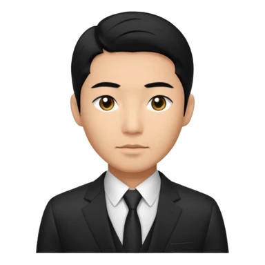 Asian man, black hair, dark eyes, wearing a designer black suit sticker