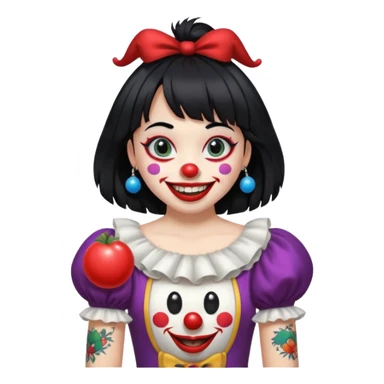 anjinha with bangs and black hair, snow white skin, black tattoo of a laughing clown on the arm, emoji style sticker