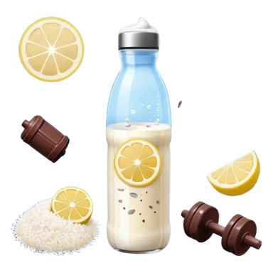 Ethereal daily routine galaxy: water bottle with lemon, sun, rice and chicken, banana and protein shake, dumbbell, yogurt cup, fruit and chocolate, and moon all floating as separate celestial bodies connected by magical stardust trails forming a system sticker