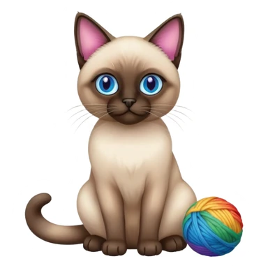 Siamese cat sitting full body with rainbow eyes playing with a wool ball sticker