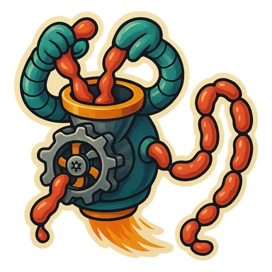  hovering sausage-processing droid in a retro-futuristic style. Its top half is a circular industrial meat grinder with rotating gears and blades. Two robotic arms feed material into the grinder. Sausage links extrude from the rear like a factory line. The body is metallic, compact, and floats above the ground with no legs. Dark humor tone. sticker