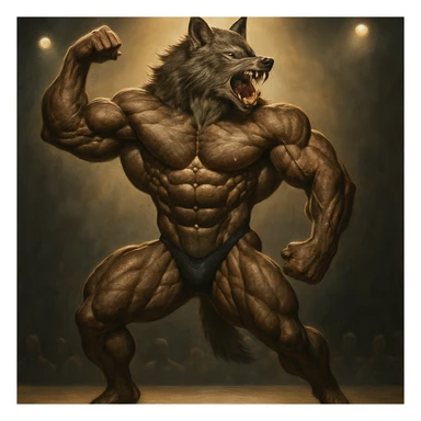 werewolf body builder, posing on stage, competition, spotlight, powerful stance sticker