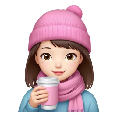 Cute East Asian girl, soft fair skin, big brown eyes, long lashes, natural pink lips, inward brown bob with straight bangs. Wearing pink beanie and scarf, rosy cheeks, shy smile, holding warm drink,  sticker