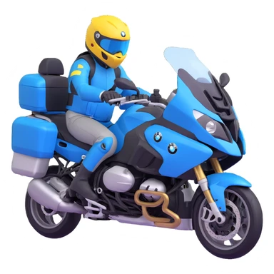 blue BMW RT1200 touring motorcycle with rider wearing helmet sticker