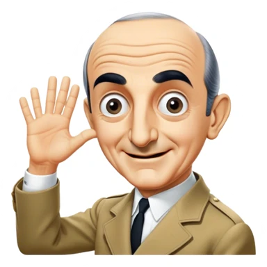 Icon for Comedy Movie: A vintage movie poster-style design with a humorous scene—Louis de Funès in his iconic comedic pose, exaggerated facial expression, and wide-open eyes. Include a slapstick element like falling over or interacting with a funny prop. Retro cinematic feel. Transparent background. sticker