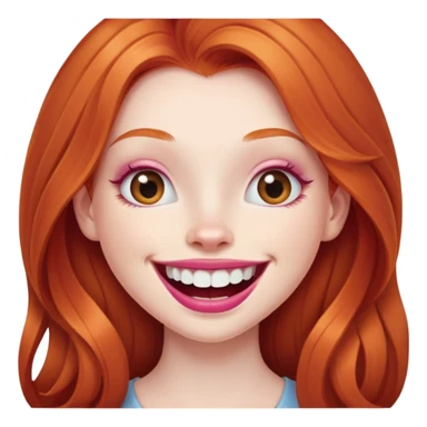 Young girl with pale skin, longer face, full pink lips smiling with big teeth, very long ginger red hair (no blonde at all), big brown eyes, bigger nose, big mouth sticker