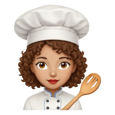 Mixed-race female chef with medium-length curly brown hair, wearing a chef's hat (toque), with both an angel halo and devil horns on her head sticker