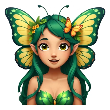 Cinematic Realistic Forest Fairy Portrait, head tilted dramatically with an exaggeratedly amused expression, featuring a striking, nature-infused form with glowing, sun-kissed tanned skin and vividly detailed dark green hair adorned with floral accents. Her expressive eyes brim with playful forest mischief, rendered with vibrant, lifelike textures and dynamic dappled lighting that conveys a spirited, over‐the‐top woodland whimsy showing her large butterfly wings from her back. sticker