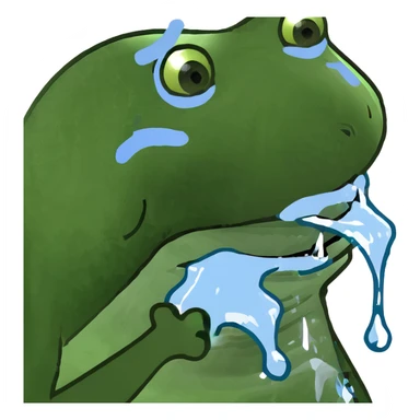 Green frog with blue tint, freezing, teeth chattering, with icicles sticker