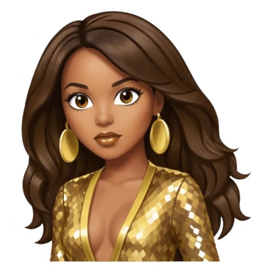 LeToya Luckett from Destiny's Child with dark brown long hair, gold outfit sticker