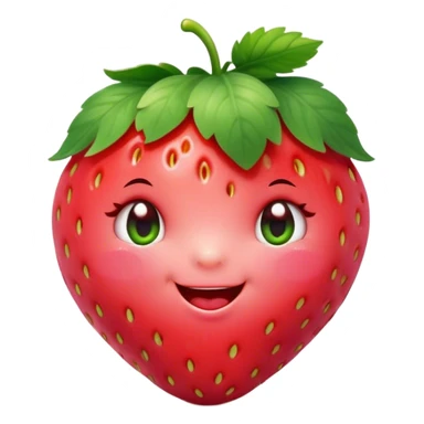 Cinematic plump happy strawberry, glossy bright red, tiny round eyes and blushing cheeks, green leafy top slightly tilted, cheerful and charming. sticker
