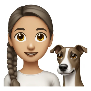 a girl with dark hair and a bun with a greyhound (whippet) dog breed next to her sticker