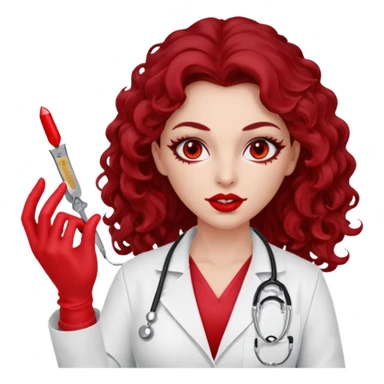 Lilith scalpel in hand, evil surgeon sexy surgeon clothes.  She has red eyes. She has dark brown long curly hair. Wears sexy doctor outfit with red gloves. Covers mouth neck and nose with red litham for Muslim woman sticker