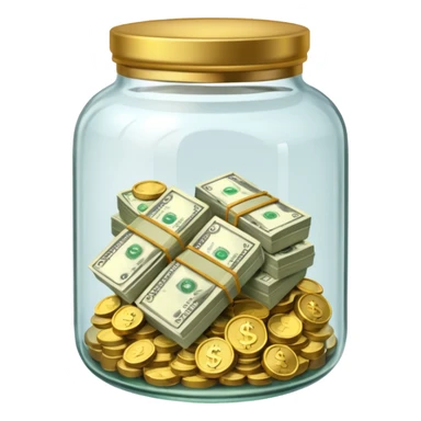 glass tip jar emoji style, simple with cash and coins sticker