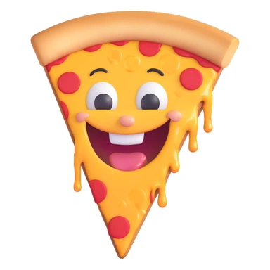 a cartoon pizza slice with a wide grin, cheese dripping sticker