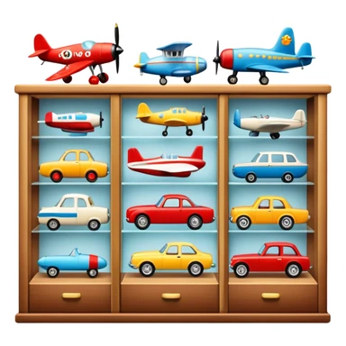 Icon for Toy Collecting: a collection of various vintage toys such as dolls, plush animals, tumblers, cars, planes, ships, action figures, displayed neatly on shelves or in display cases. The icon should evoke the joy and nostalgia of collecting toys. Transparent background. sticker