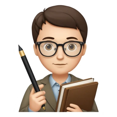 writer holding big pen in hand and book in other hand, wearing glasses sticker