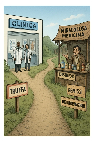 two paths diverge—one leads to a trustworthy clinic with doctors and scientific posters, the other to a shady stand selling “miracle” medicines with exaggerated claims. Signs along the second path warn of scams and misinformation. The scene encourages viewers to choose reliable, science-based healthcare. in italiano sticker