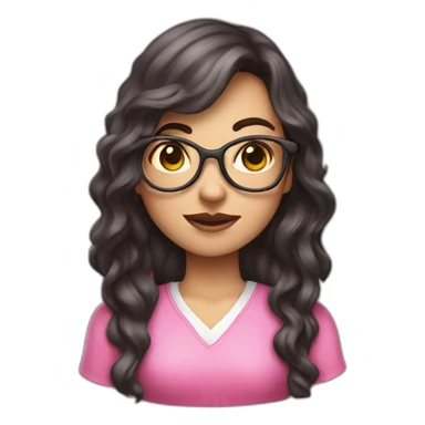 dark wavy long hair nerd girl, wearing a pink dress, pink mouth sticker