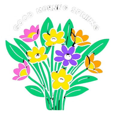 Spring flowers in beautiful garden with morning sun with inscription Good morning  sticker