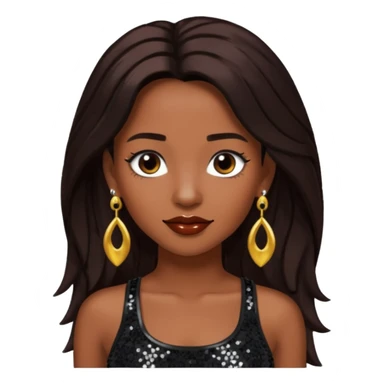 Chilli from TLC with long dark brown hair, black sequin crop top, black earring sticker