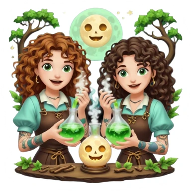 forest alchemist duo two women curly long hair tattooed and short brown mullet mixing glowing moon potion together excited faces sticker