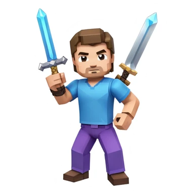 Jack Black as Minecraft Steve in combat pose holding sword, blocky character with brown hair, blue shirt, and purple pants sticker