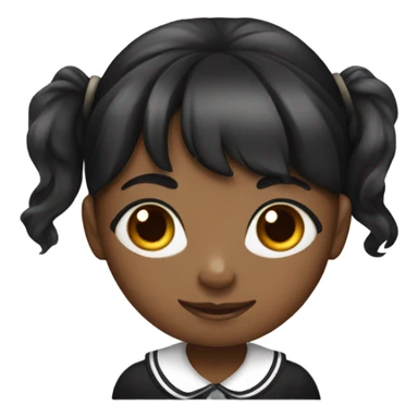 A black schoolgirl with bangs holding a black spotted sticker