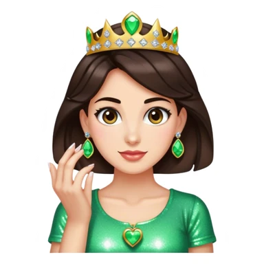 Pretty woman with dark brown hair wearing lots of sparkly jewelry and wearing an “I love Luigi” shirt  sticker
