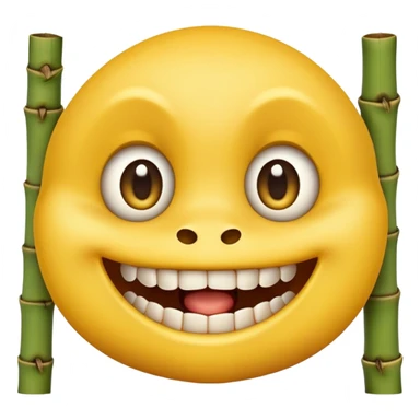 classic yellow emoji face with large eyes biting firmly on bamboo muzzle, teeth visible sticker