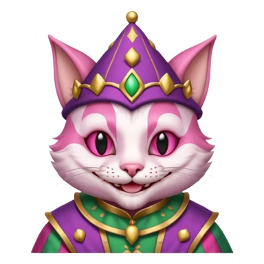 court jester cat medieval, single poker card joker clearly visible, pink, face only sticker