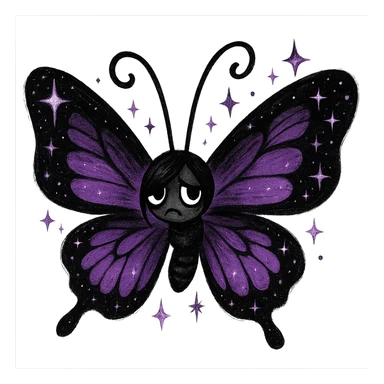 emo butterfly with sparkles, black and purple, expressive and stylish, no background sticker