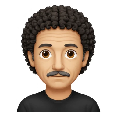 60 year old Greek man with short black curly frizzy thin hair that sticks up and has a black shirt sticker
