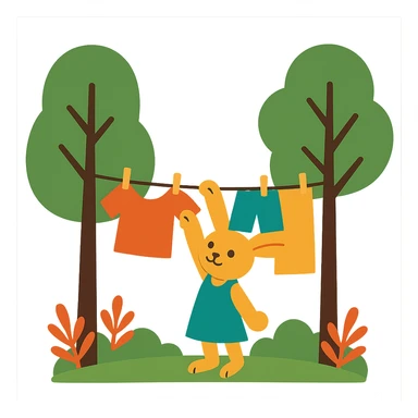 bunny hanging laundry between trees, calming domestic forest feel sticker