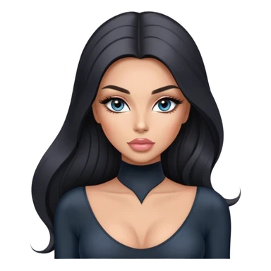 Glamours, tanned, very beautiful girl, with big pump peach-beige-rose lips, long long lashes, black straight smooth silky long hair, straight parting hair, blue-grey eyes in black long-sleeves bodysuit sticker
