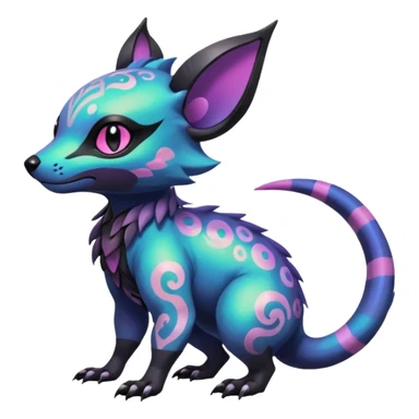 Rare neon iridescent white exotic cute epic aesthetic gothic colorful Salandit-Eevee-Civet-species-Fakemon-hybrid-creature, with intricate tattoo markings, full body sticker