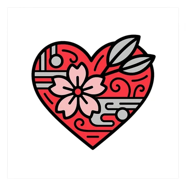 Make the silver accents and details extremely prominent and abundant on the heart with sakura, color outline icon style, no background. sticker