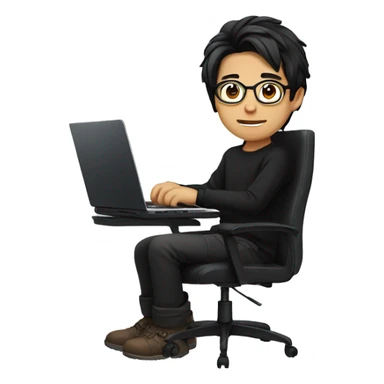 asian boy with glasses, long hair working, wearing black clothes , on his laptop seating on a gaming chair sticker