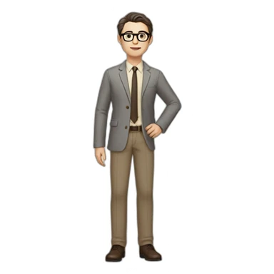Full height Pale skinned Fit Man With dark brown hair in gray jacket, beige office shirt, tie, Brown pants and vintage glasses. Thrumbs of his palms directed up sticker
