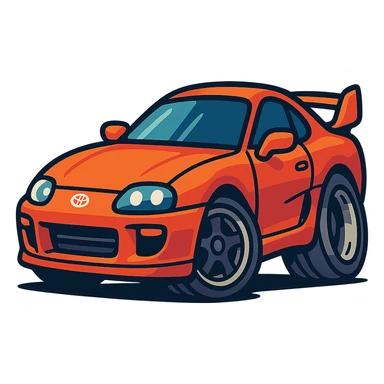 Toyota Supra MK4 three-quarter angle, playful energetic cartoon style, exaggerated wheels, sporty details sticker