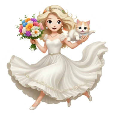 White woman - long hair - white wedding dress - holding a kitten - happy - jumping - fashionable - elegant - bouquet - dreamy - colorful - pearl accessories sticker