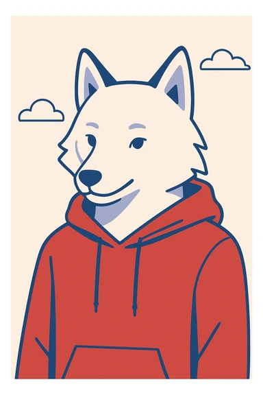 white wolf wearing a red hoodie, clean background, modern illustration sticker