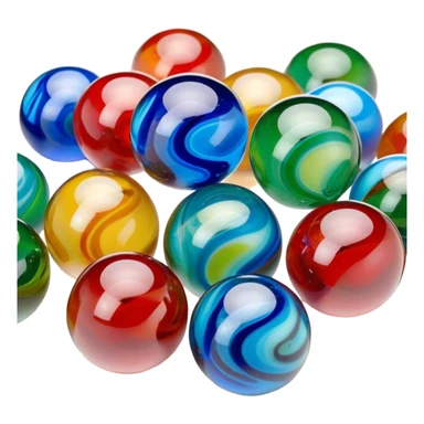 "A close-up view of colorful glass marbles with intricate swirling patterns inside. The marbles are scattered on a smooth surface, reflecting light beautifully. Some are transparent, while others have vibrant colors like blue, green, and red. The scene has a soft, natural lighting that enhances the glossy texture of the marbles sticker