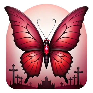A breathtaking Gothic butterfly with wings adorned in a mesmerizing gradient of ruby, scarlet, burgundy, Venetian, and rustic red takes flight in the foreground. Behind it, dark and weathered crosses stand shrouded in crimson mist, creating a haunting yet beautiful contrast. sticker