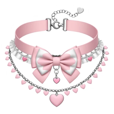 Pastel-baby-rose-pink Lolita-styled aesthetic cute kawaii choker-collar-necklace adorned with with white frills, roses, hearts, bow tie, silver chains, sakura, apparel separated  sticker