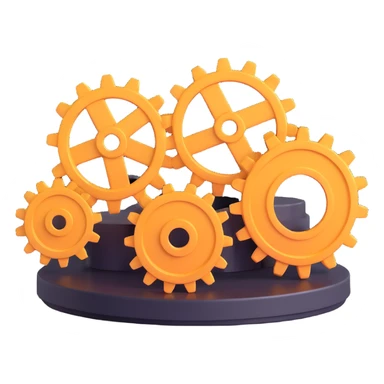 3D style icon of computer settings, showing a desktop computer with two large cogs in front, realistic lighting and shadows sticker