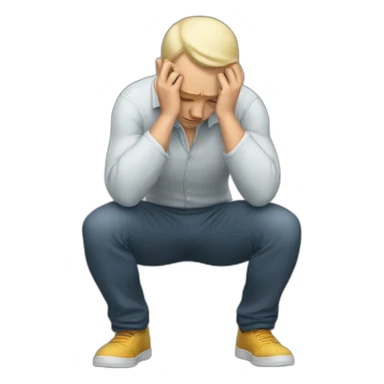 A white man squats holding his head sticker