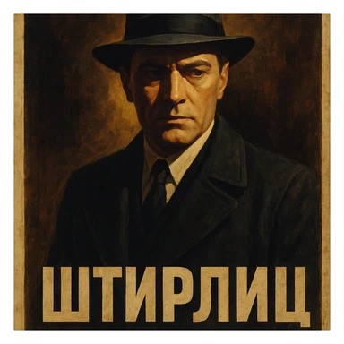 Штирлиц in a vintage spy movie poster style, dramatic lighting sticker
