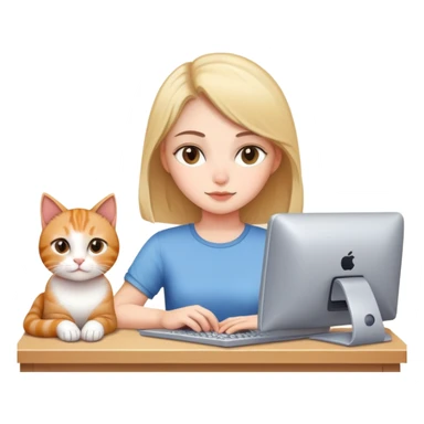 A girl is working in front of a computer, and a cat is lying next to the computer sticker